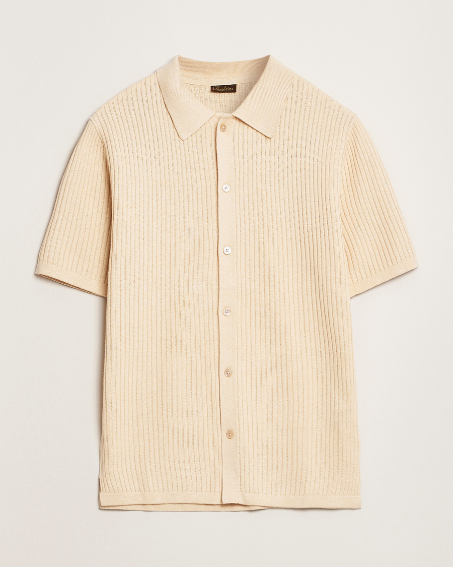 Herren | Hemden | Stenströms | Knitted Buttonthru Polo Shirt Beige