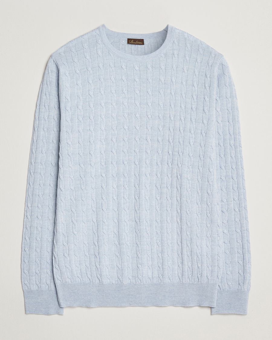 Herren | Pullover | Stenströms | Merino Cable Crew Neck Light Blue