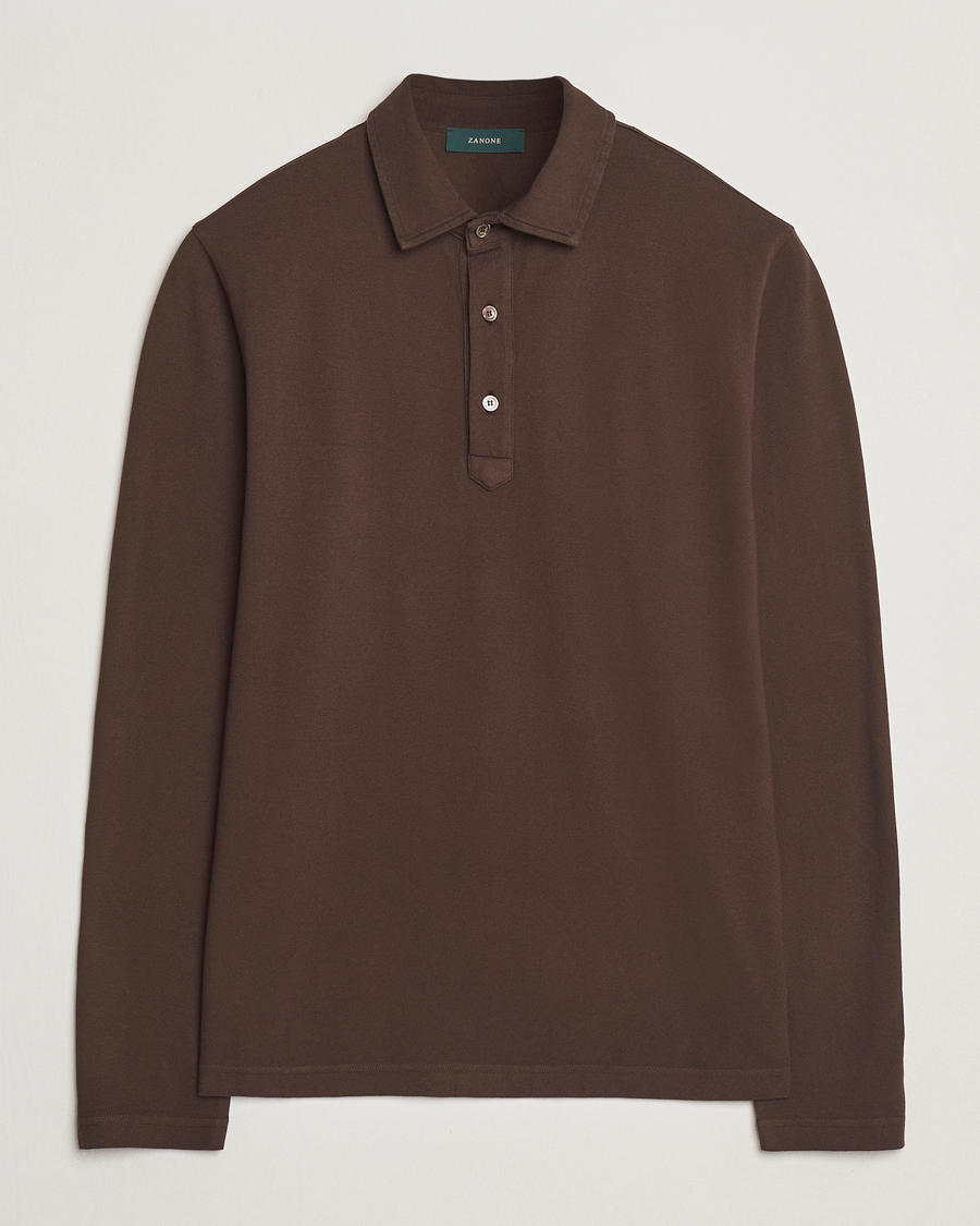 Herren | Pullover | Zanone | Soft Cotton Piquet Long Sleeve Polo Dark Brown