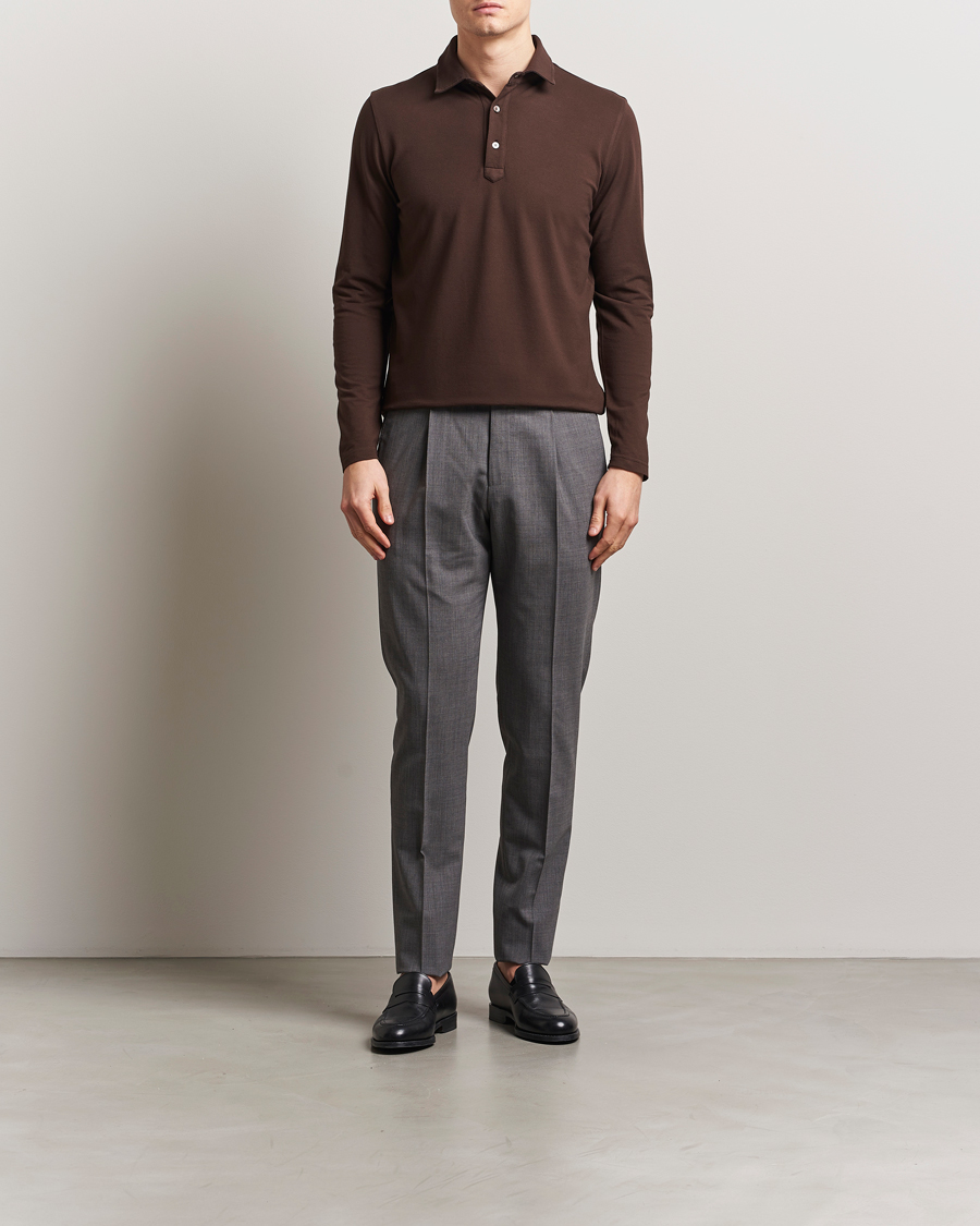 Herren | Pullover | Zanone | Soft Cotton Piquet Long Sleeve Polo Dark Brown