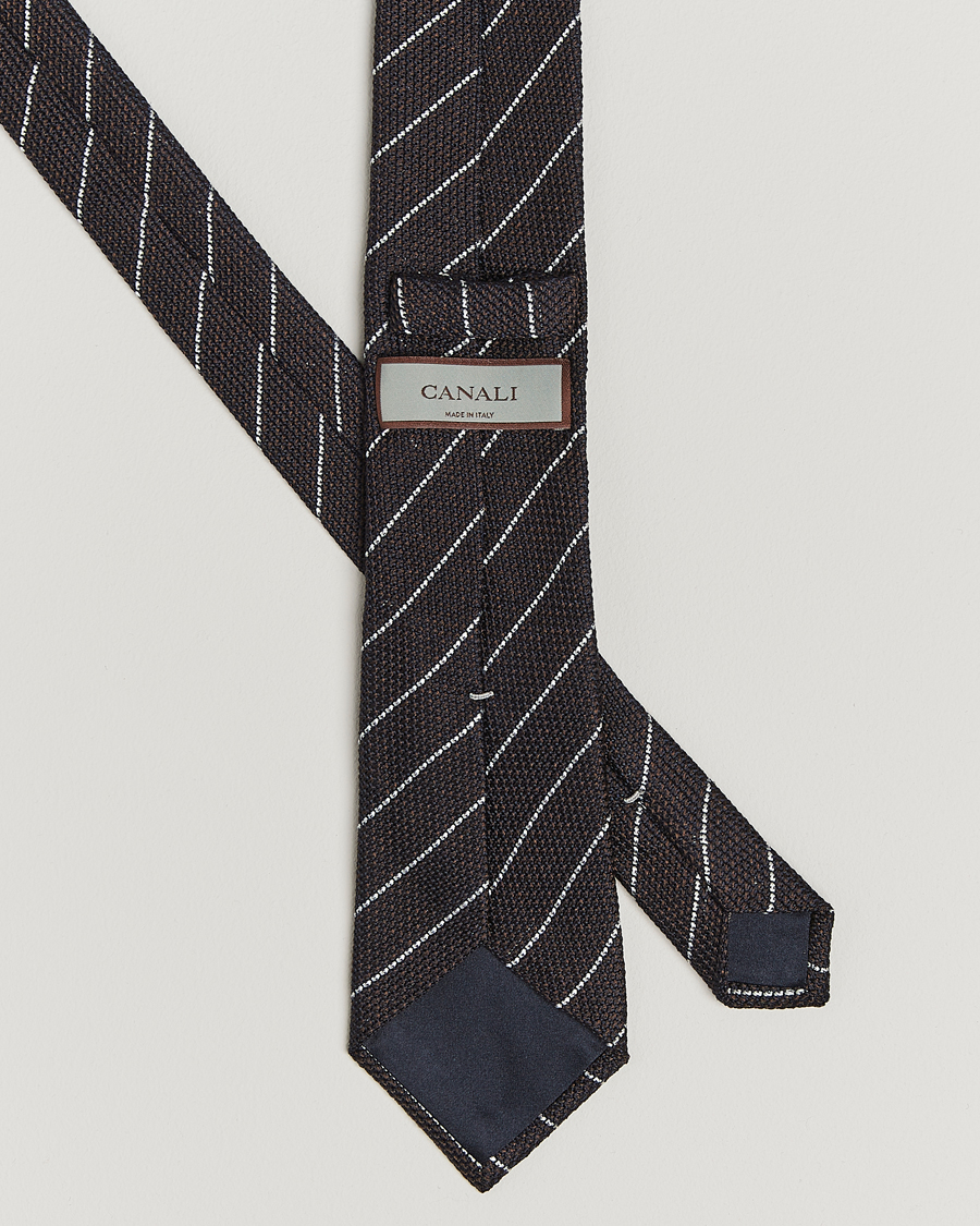 Herren | Canali Garza Regimental Stripe Silk Tie Dark Brown | Canali | Garza Regimental Stripe Silk Tie Dark Brown