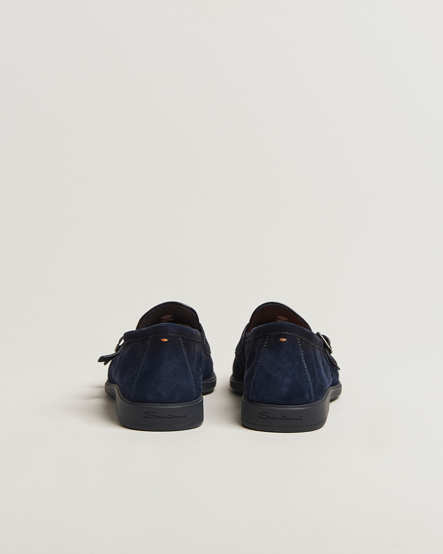 Herren | Santoni Malibu Double Buckle Loafers Navy Suede | Santoni | Malibu Double Buckle Loafers Navy Suede