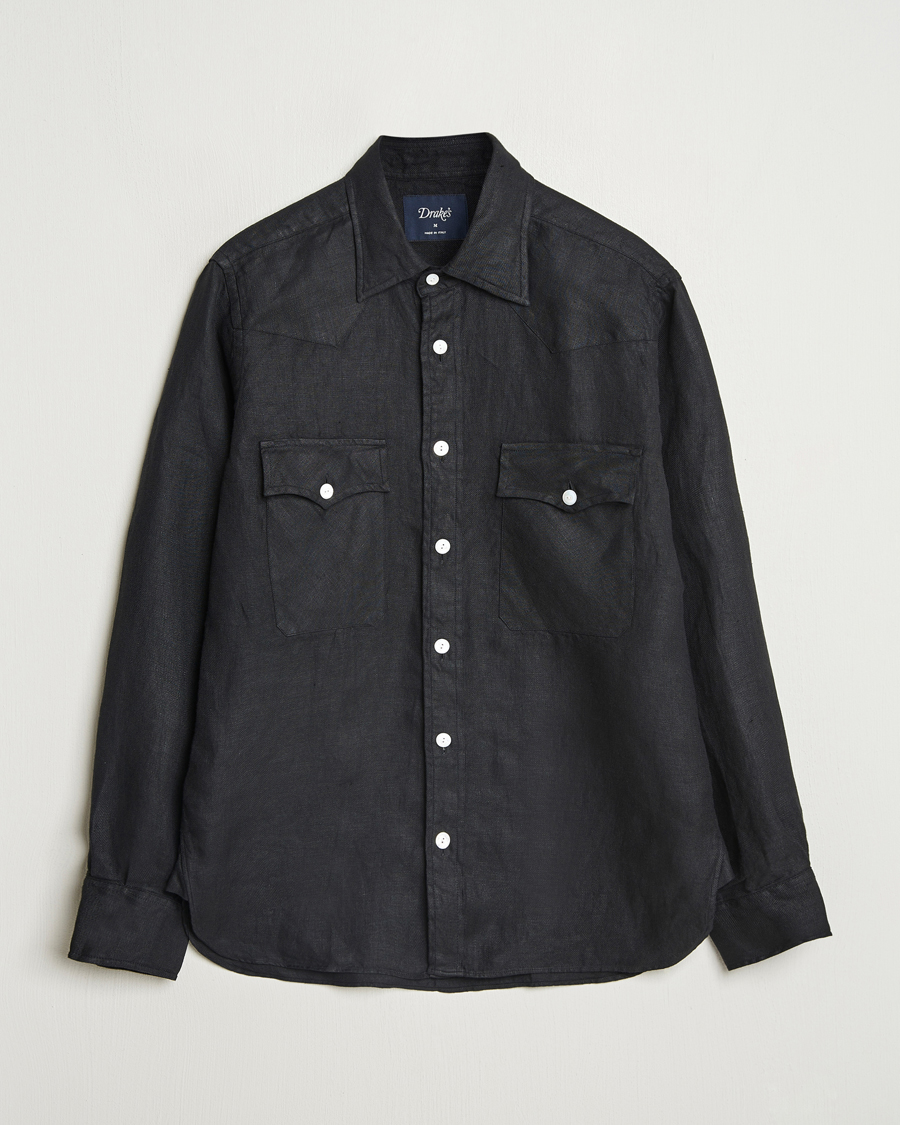 Herren | Hemden | Drake's | Linen Twill Western Shirt Black