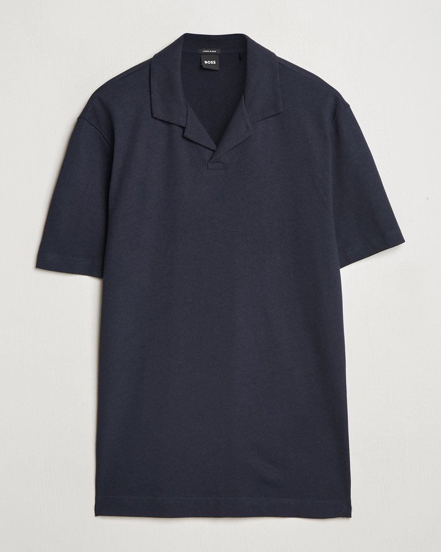 Herren | Poloshirts | BOSS BLACK | Ponti Cotton/Linen Open Collar Polo Dark Blue