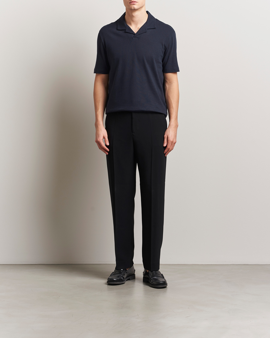 Herren | Poloshirts | BOSS BLACK | Ponti Cotton/Linen Open Collar Polo Dark Blue