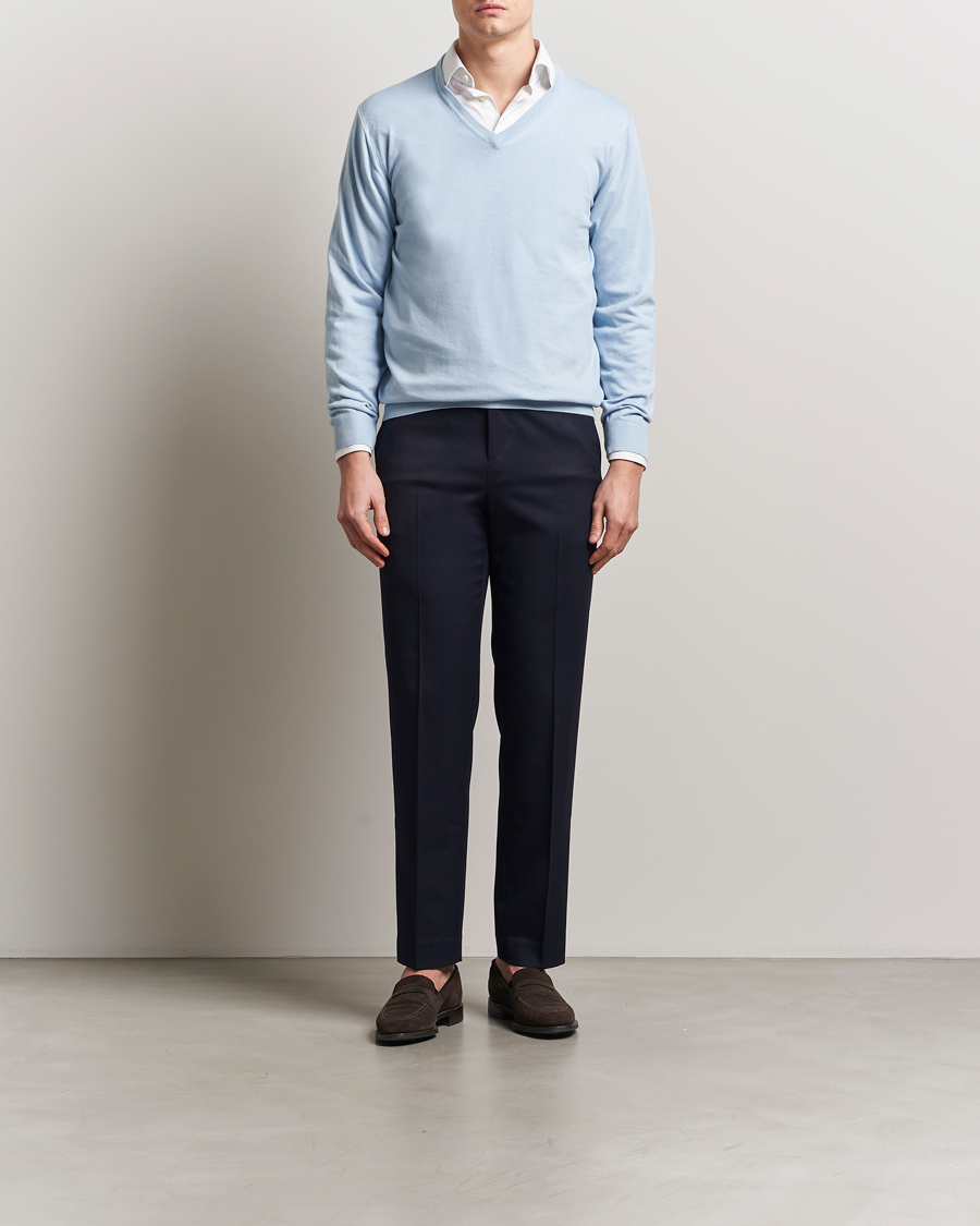 Herren | Pullover | Morgano | Supersoft Egyptian Cotton V-Neck Light Blue