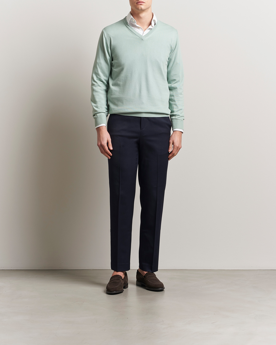 Herren | Pullover | Morgano | Supersoft Egyptian Cotton V-Neck Light Green