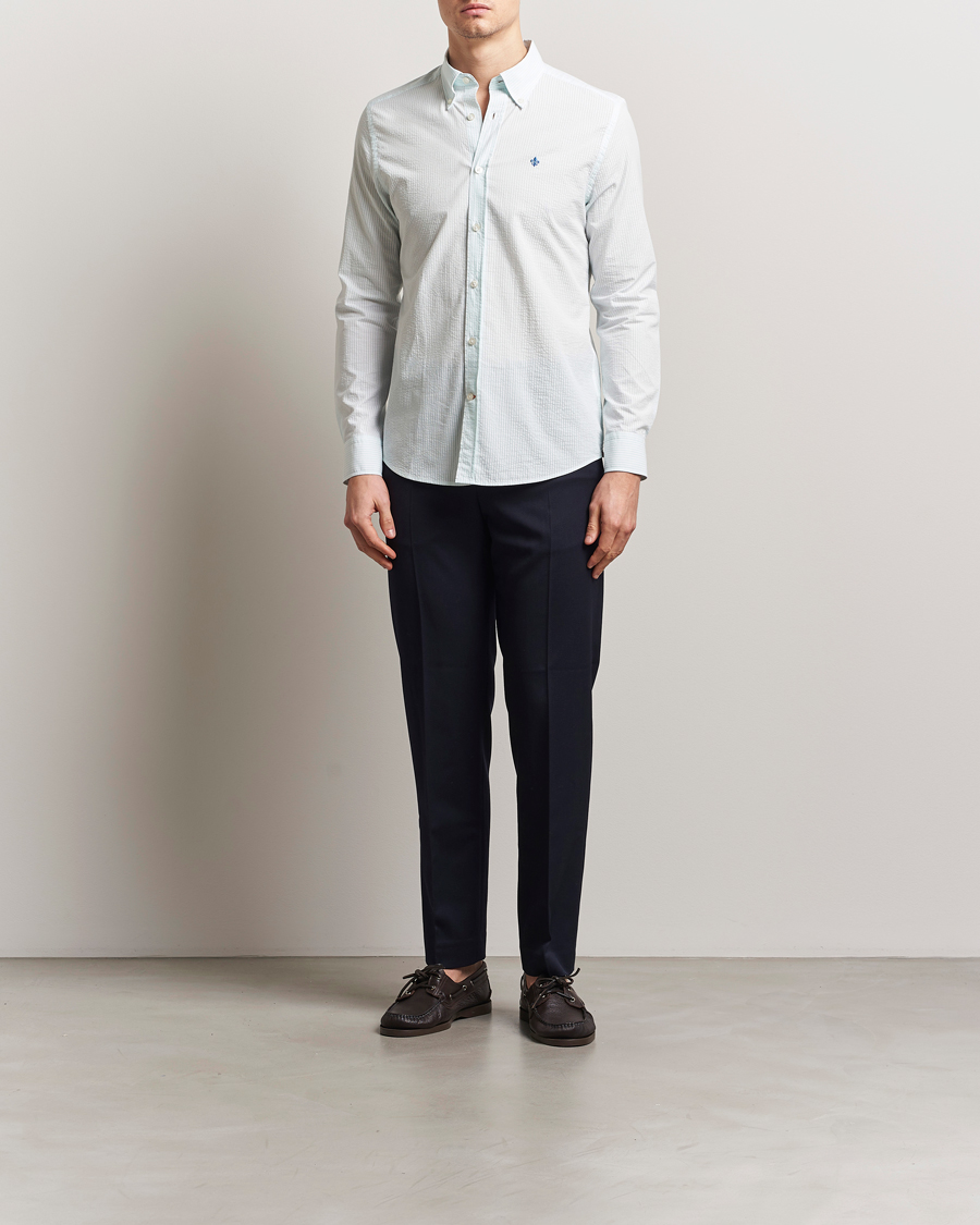 Herren | Hemden | Morris | Slim Fit Striped Seersucker Shirt Turquoise