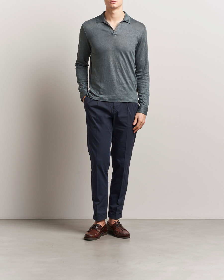 Herren | Pullover | Gran Sasso | Washed Linen Long Sleeve Polo Green Melange