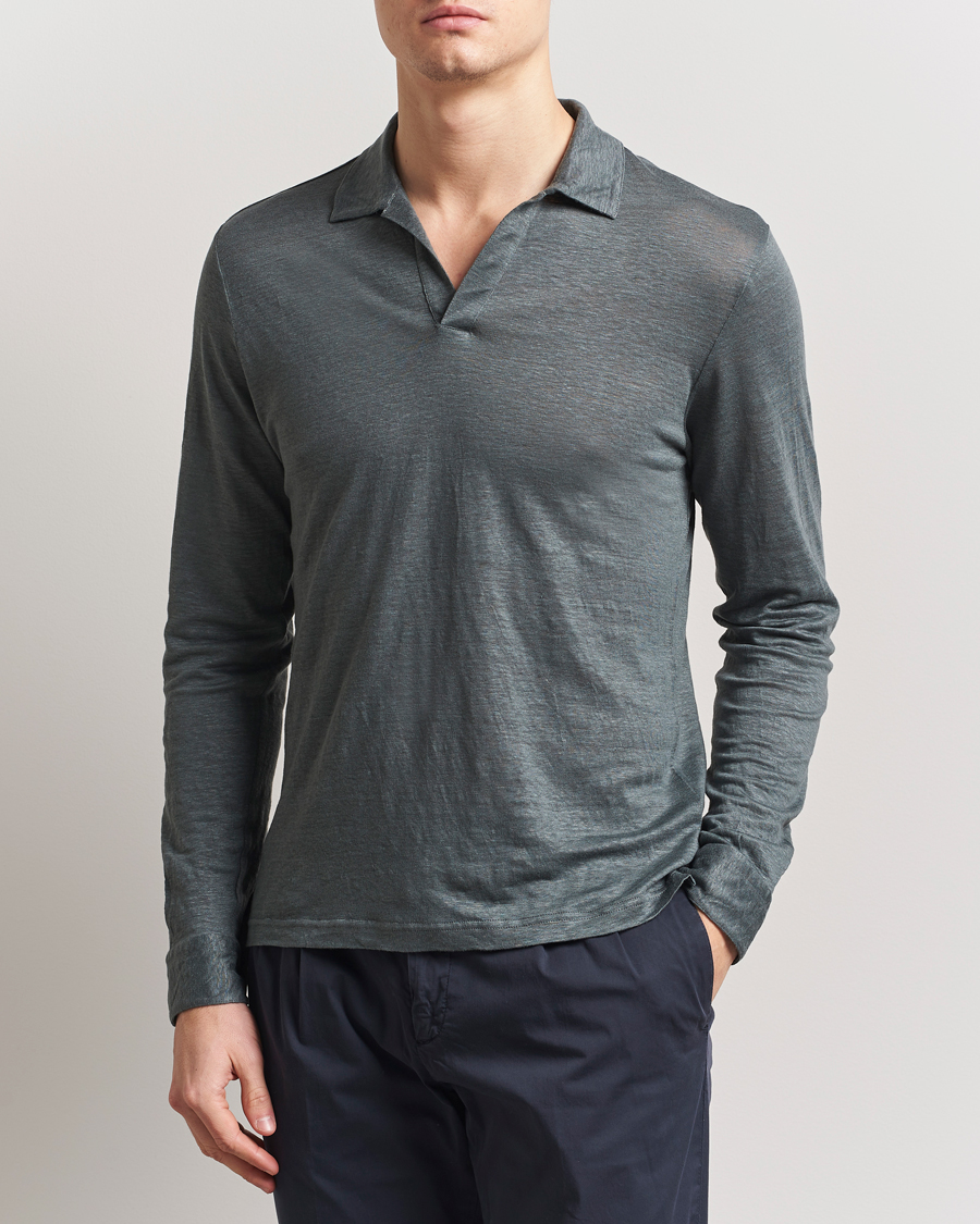 Herren | Pullover | Gran Sasso | Washed Linen Long Sleeve Polo Green Melange