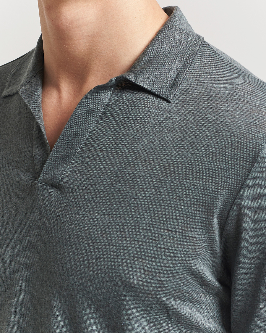 Herren | Pullover | Gran Sasso | Washed Linen Long Sleeve Polo Green Melange