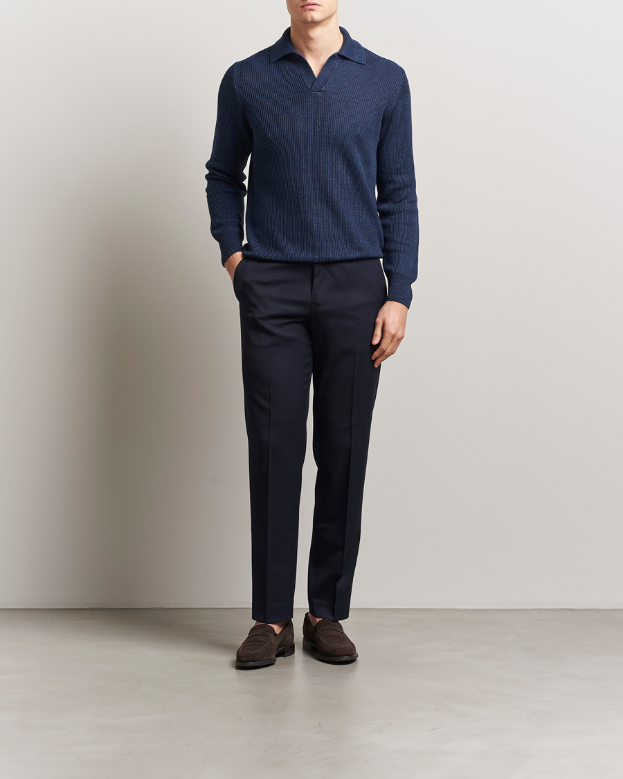 Herren | Pullover | Gran Sasso | Linen/Cotton Open Collar Knitted Polo Navy Melange