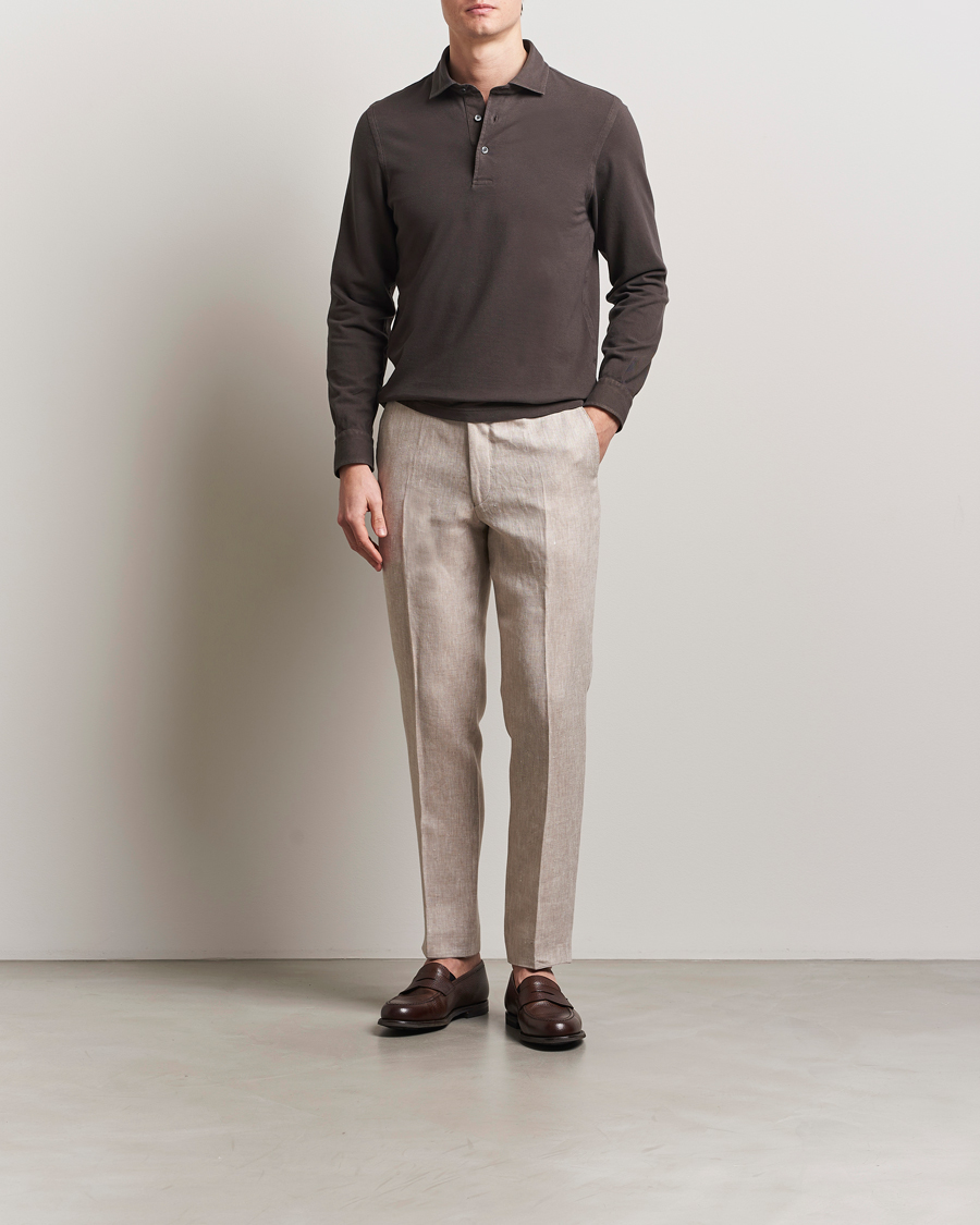 Herren | Pullover | Gran Sasso | Washed Long Sleeve Polo Dark Brown