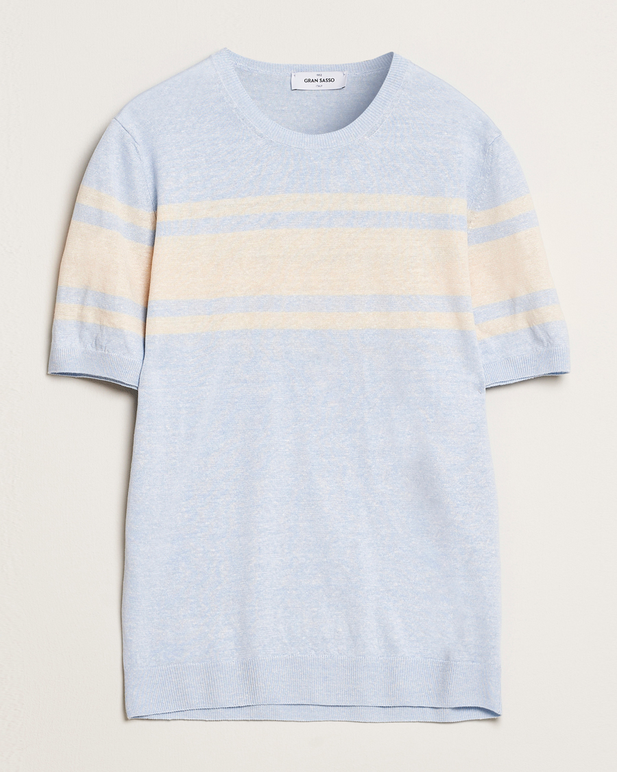 Herren | T-Shirts | Gran Sasso | Linen/Cotton Striped Crew Neck T-Shirt Light Blue