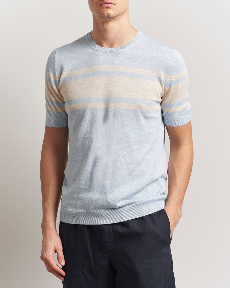 Herren | T-Shirts | Gran Sasso | Linen/Cotton Striped Crew Neck T-Shirt Light Blue
