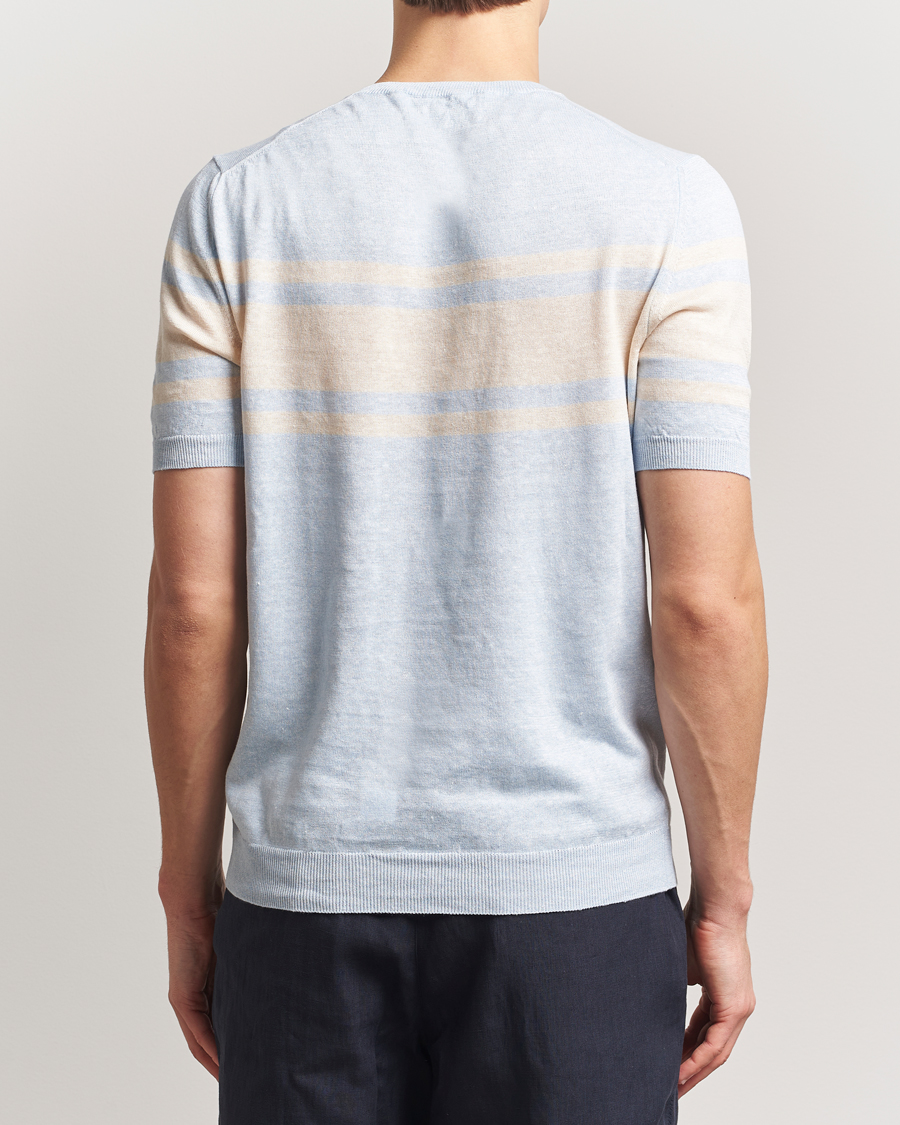Herren | T-Shirts | Gran Sasso | Linen/Cotton Striped Crew Neck T-Shirt Light Blue