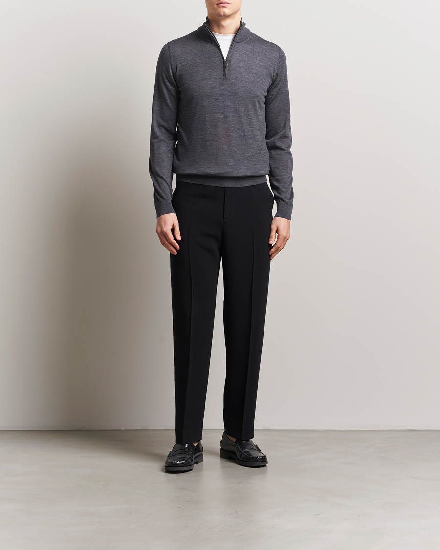 Herren | Pullover | Piacenza Cashmere | Merino Wool Crew Neck Half Zip Charcoal
