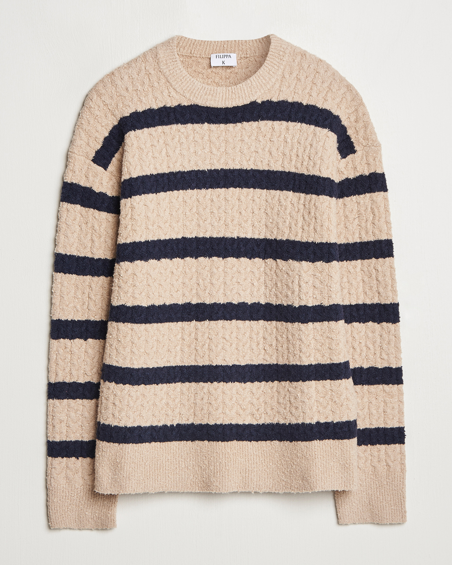 Herren | Pullover | Filippa K | Bouclé Knitted Striped Sweater Light Khaki/Navy