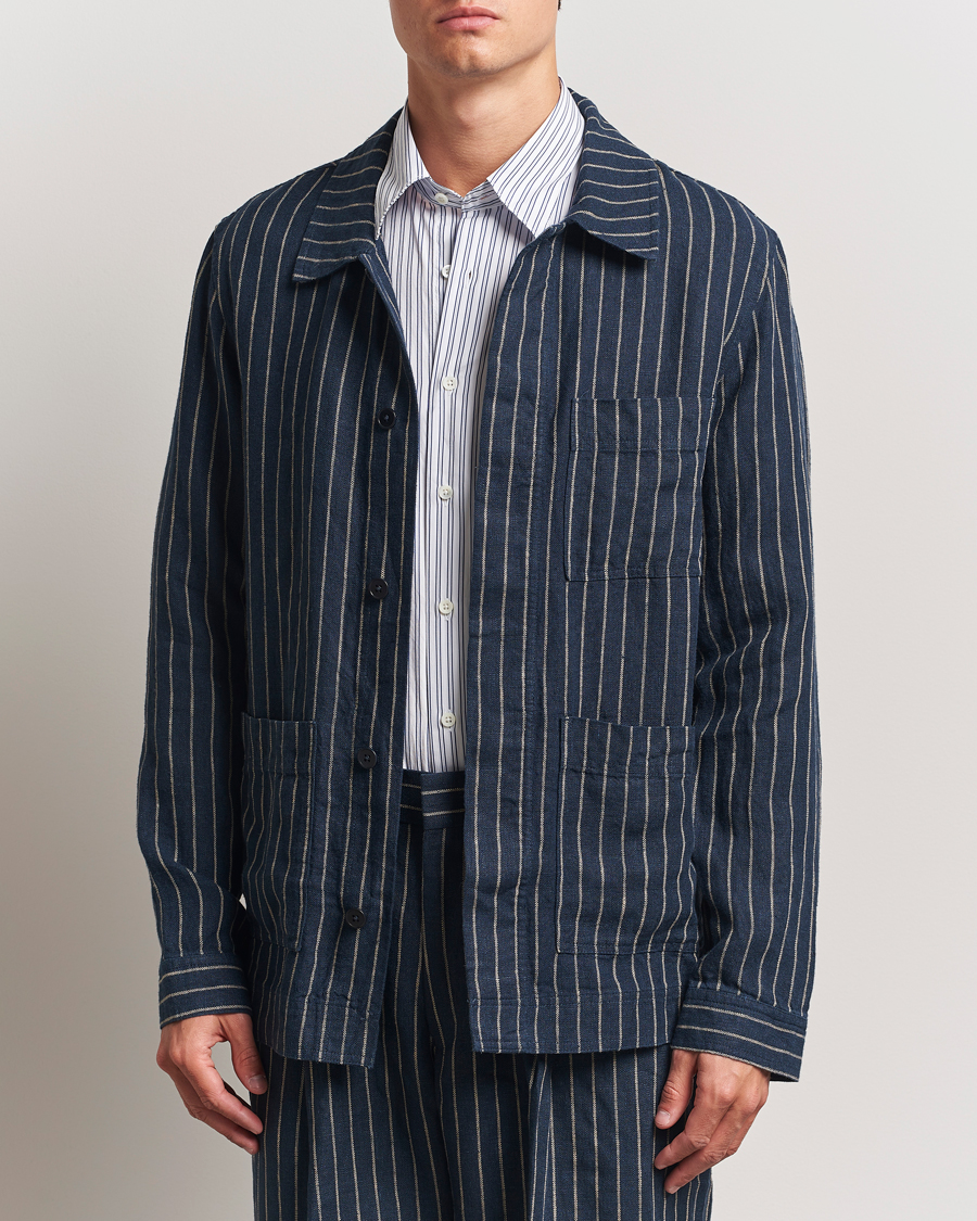 Herren | Hemden | NN07 | Olav Linen Pinstriped Overshirt Navy Blue