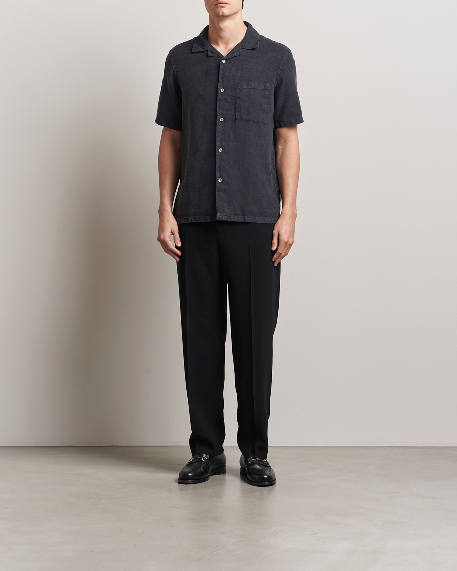 Herren | Hemden | A Day's March | Yamu Linen Short Sleeve Shirt Off Black