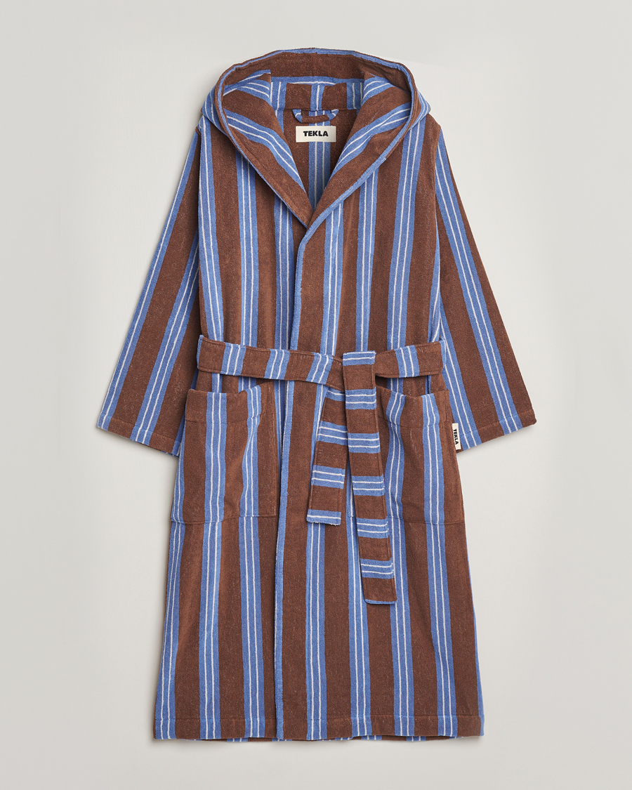 Herren | Schlafanzüge & Bademäntel | Tekla | Organic Terry Hooded Bathrobe Chestnut Stripes