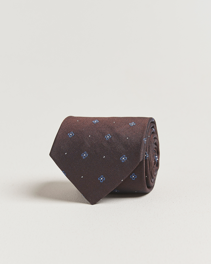 Herren | Amanda Christensen Cotton/Silk Printed Flower 8cm Tie Brown | Amanda Christensen | Cotton/Silk Printed Flower 8cm Tie Brown