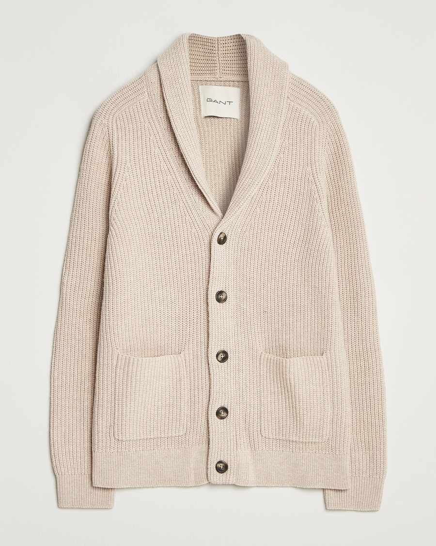 Herren | Pullover | GANT | Wool Knitted Shawl Collar Cardigan Light Beige Melange