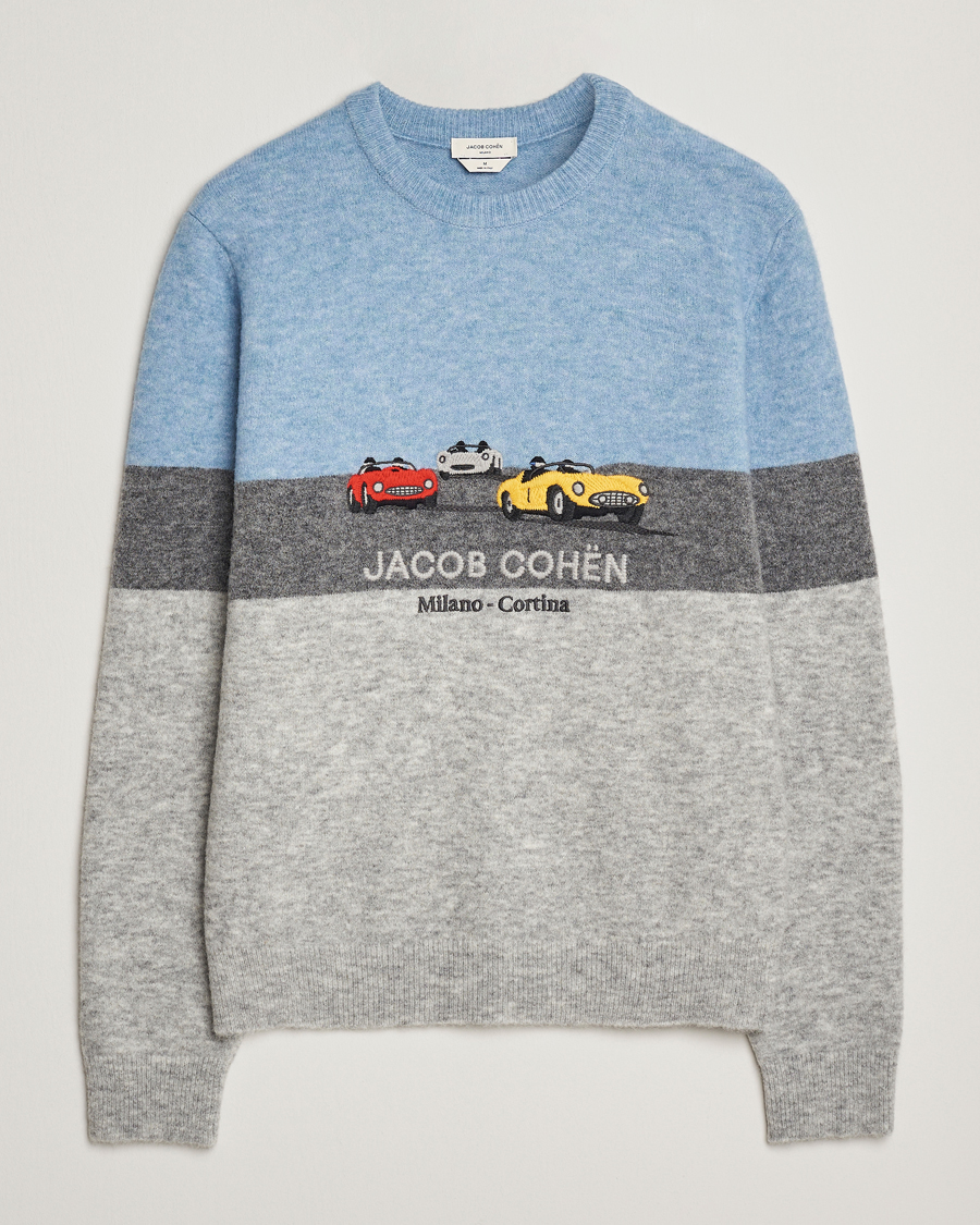 Herren | Pullover | Jacob Cohën | Embroidery Knitted Milano-Cortina Crew Neck Grey/Blue
