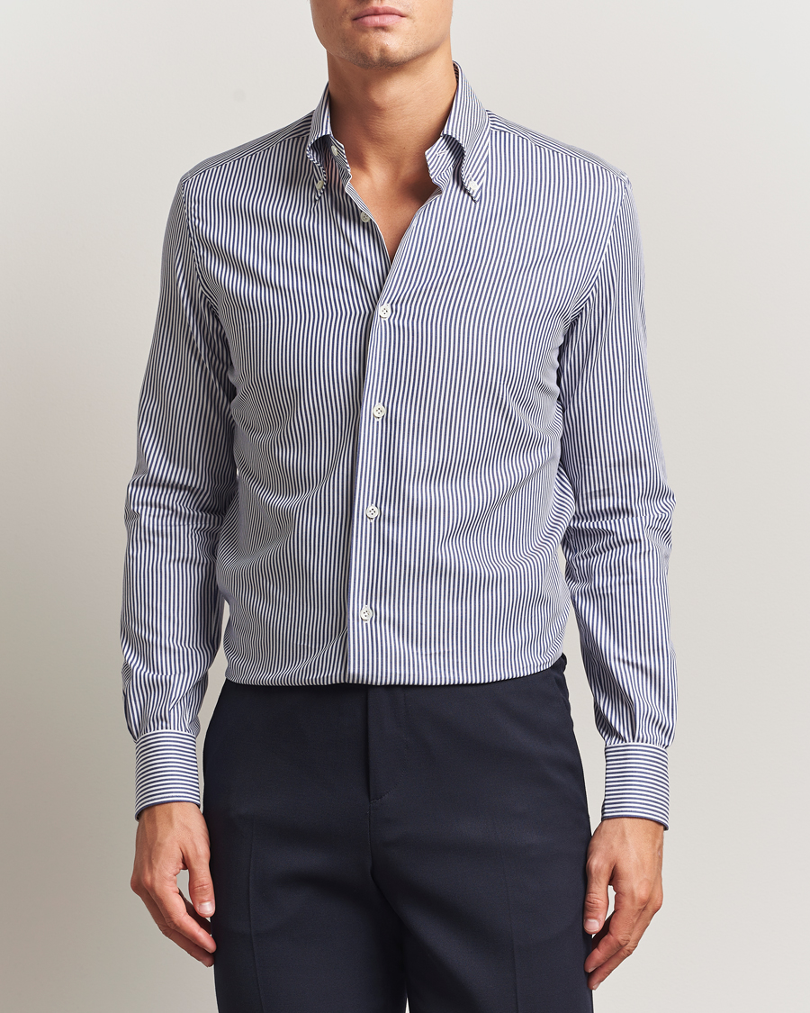 Herren | Hemden | Mazzarelli | Soft Cotton Twill Button Down Shirt Navy Stripe