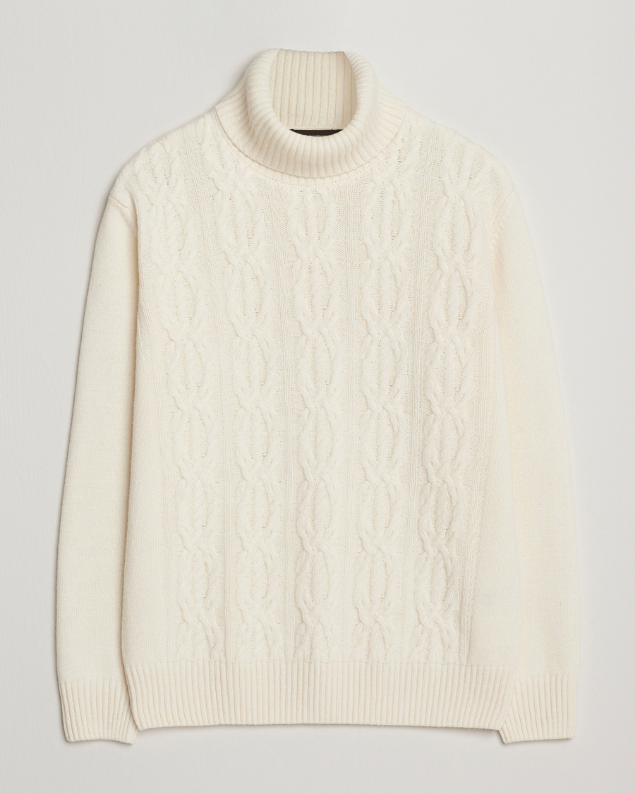 Herren | Pullover | Oscar Jacobson | Heavy Knitted Wool/Cashmere Cable Polo White