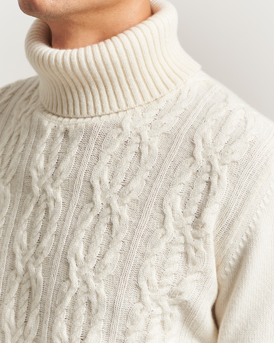 Herren | Pullover | Oscar Jacobson | Heavy Knitted Wool/Cashmere Cable Polo White