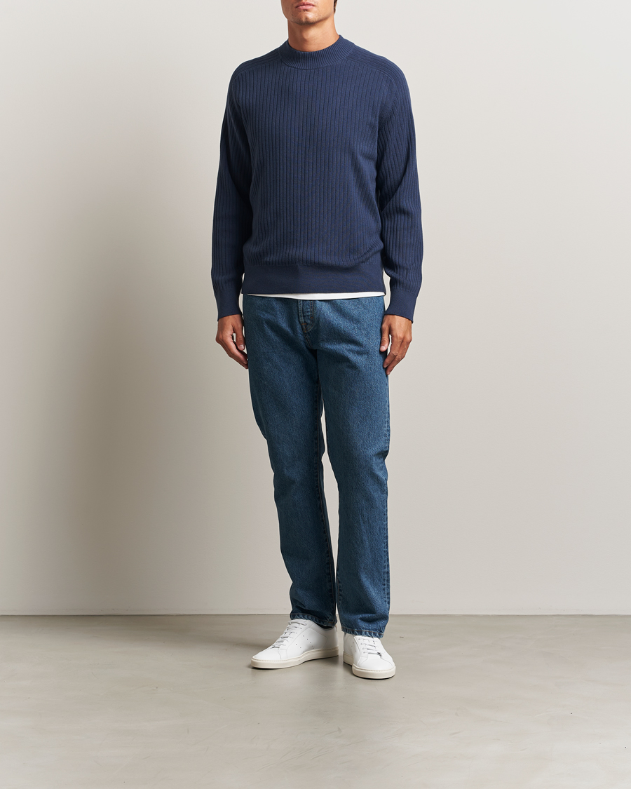 Herren | Pullover | Filippa K | Cotton Merino Knitted Mock Neck Sweater Dusk Blue