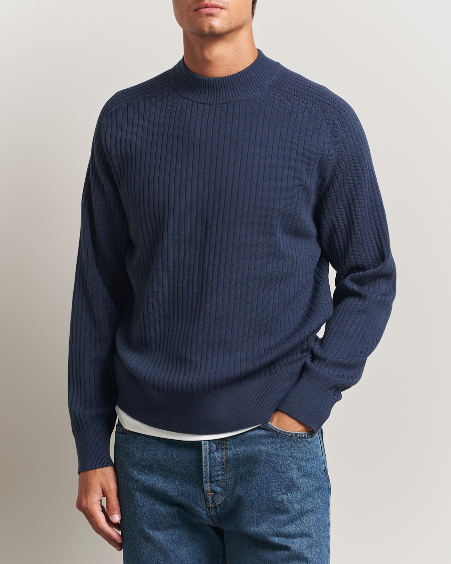 Herren | Pullover | Filippa K | Cotton Merino Knitted Mock Neck Sweater Dusk Blue