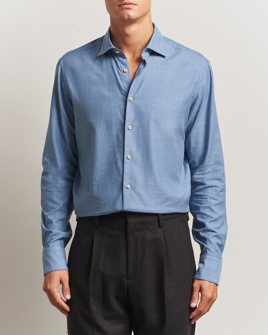 Herren | Hemden | Stenströms | Regular Fit Brushed Mini Herringbone Shirt Blue