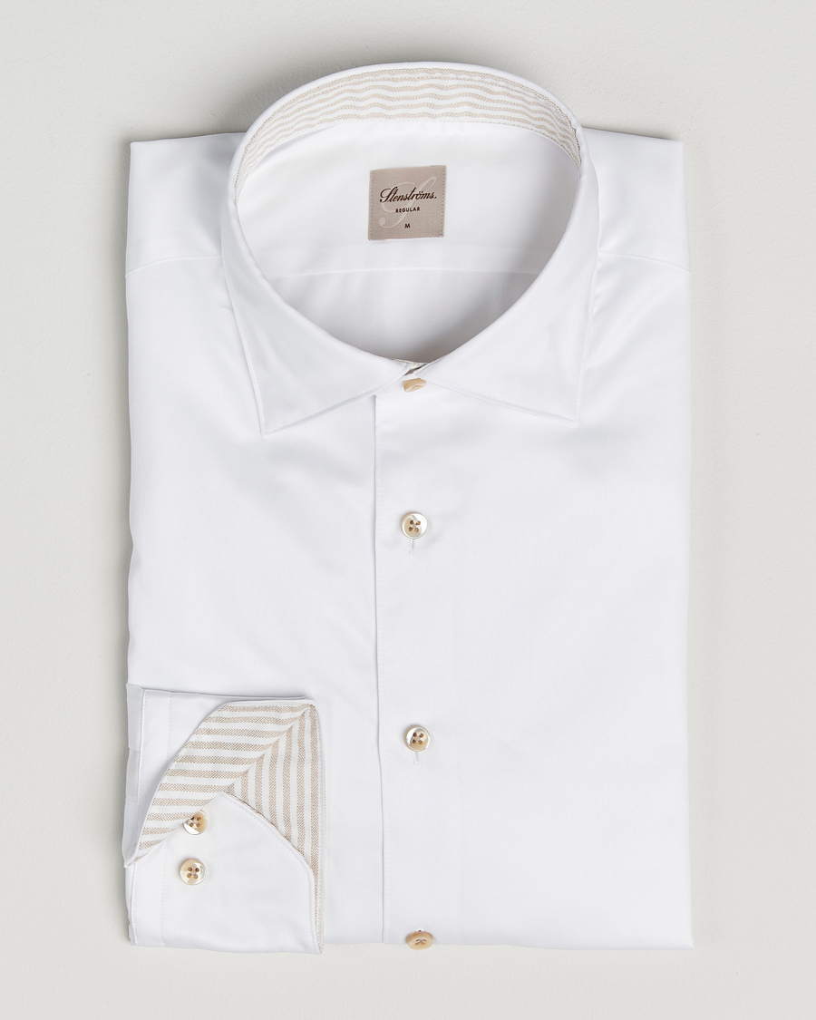 Herren | Hemden | Stenströms | Regular Fit Cotton Twill Contrast Shirt White