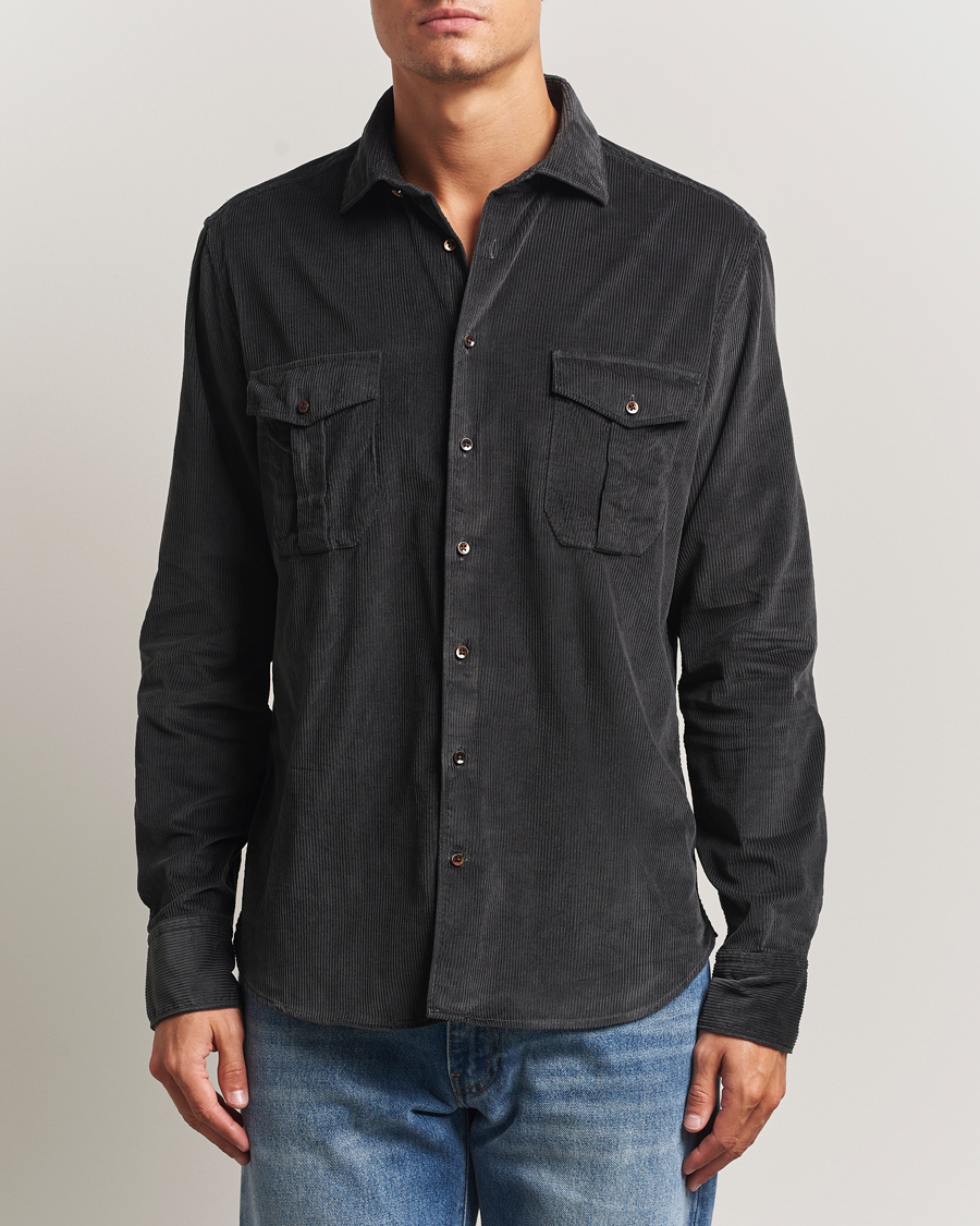 Herren | Hemden | Stenströms | Regular Fit Cord Pocket Shirt Dark Green