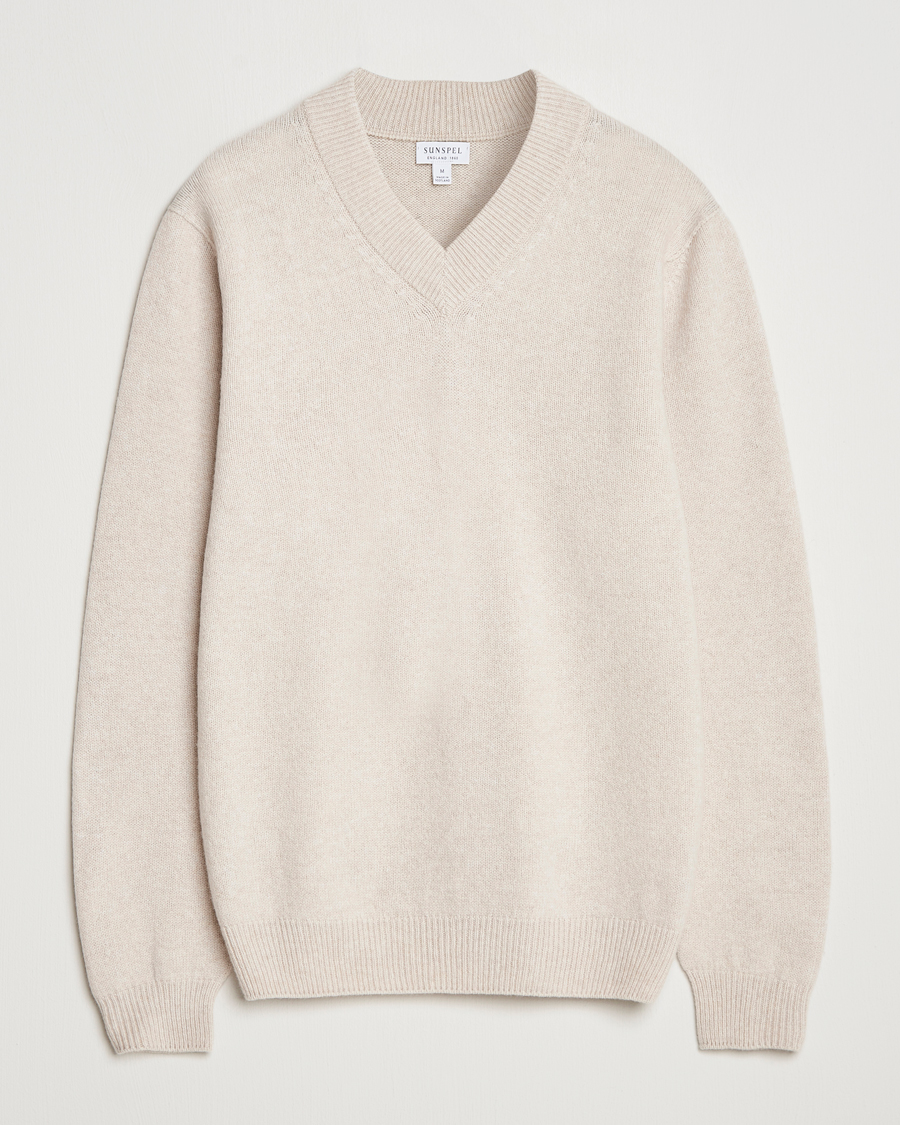 Herren | Pullover | Sunspel | Knitted Lambswool V-Neck Oatmeal Melange