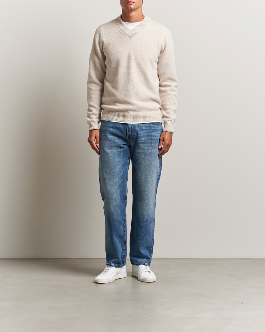 Herren | Pullover | Sunspel | Knitted Lambswool V-Neck Oatmeal Melange