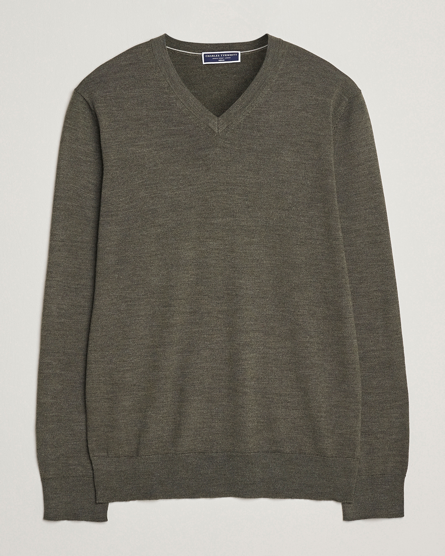Herren | Pullover | Charles Tyrwhitt | Pure Merino V-Neck Jumper Olive Green