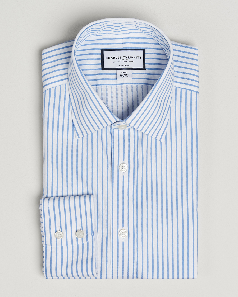 Herren | Hemden | Charles Tyrwhitt | Slim Fit Non Iron Striped Twill Cut Away Shirt White/Sky