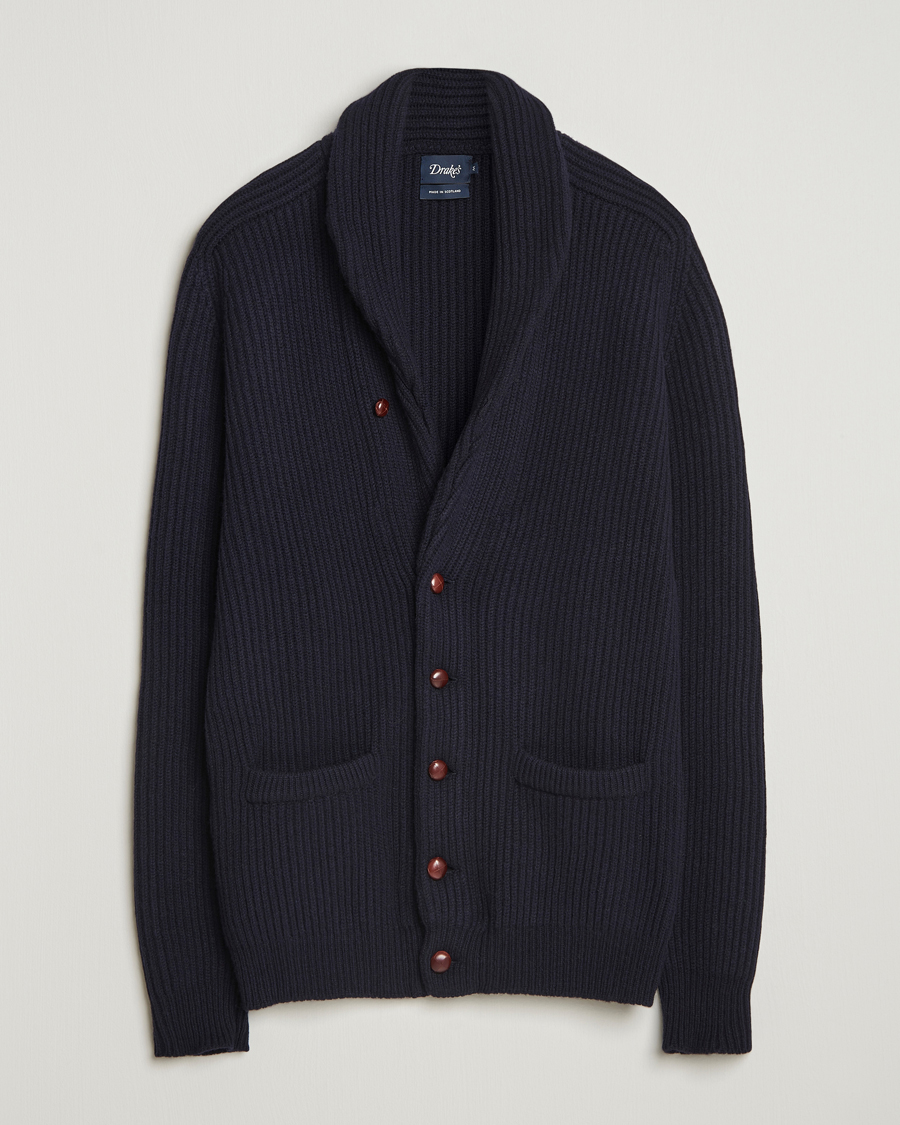 Herren | Pullover | Drake's | Lambswool Shawl Collar Rib Cardigan Navy