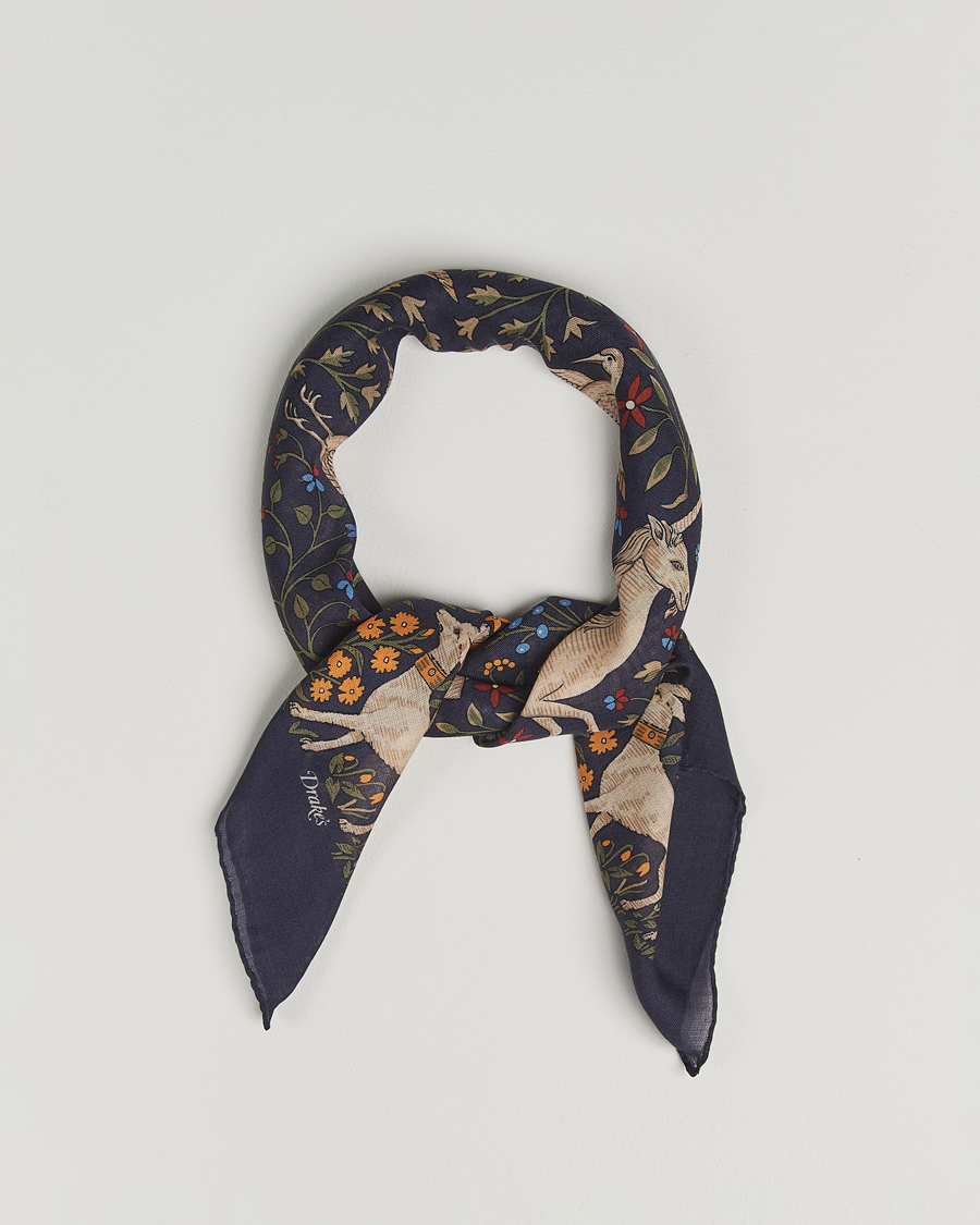 Herren | Drake's Unicorn Garden Wool/Silk Scarf Navy | Drake's | Unicorn Garden Wool/Silk Scarf Navy