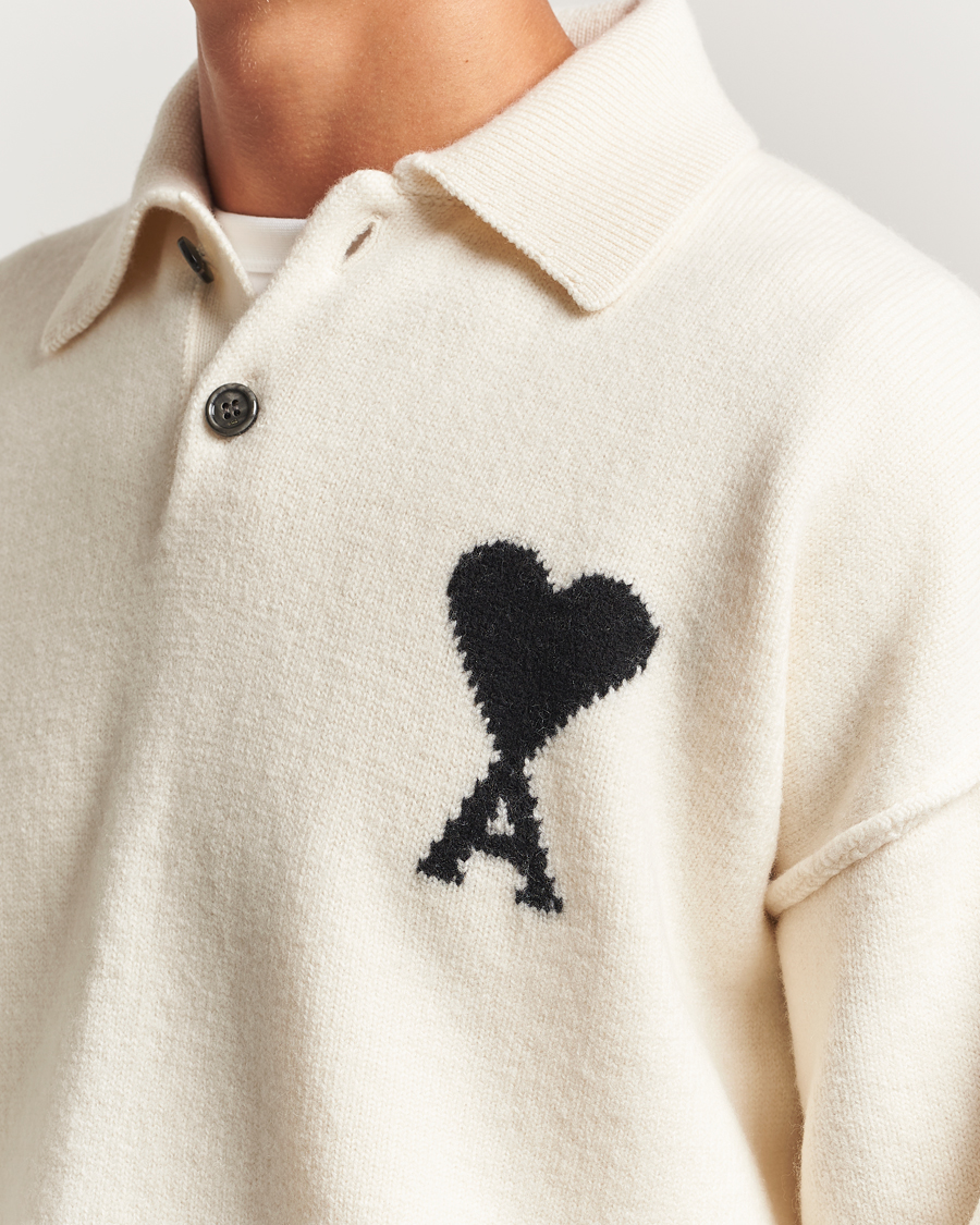 Herren | Pullover | AMI | Big Heart Logo Wool Knitted Polo Ecru