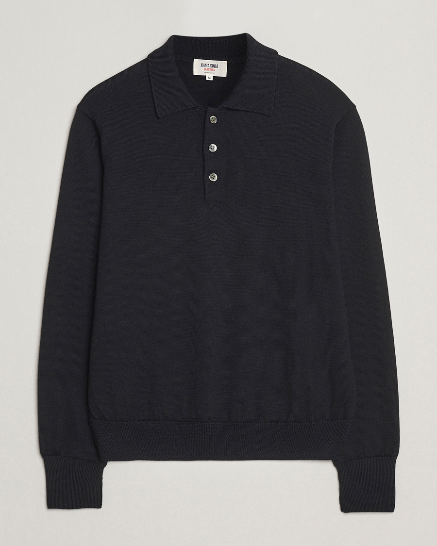 Herren | Pullover | Kamakura Shirts | Long Sleeve Knitted Polo Black
