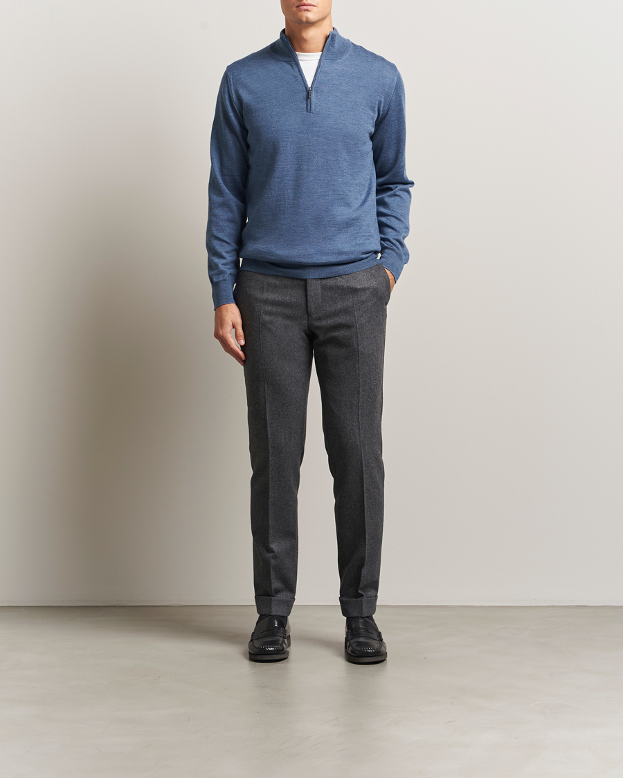 Herren | Pullover | Morgano | Extra Fine Merino Wool Half-Zip Denim Blue