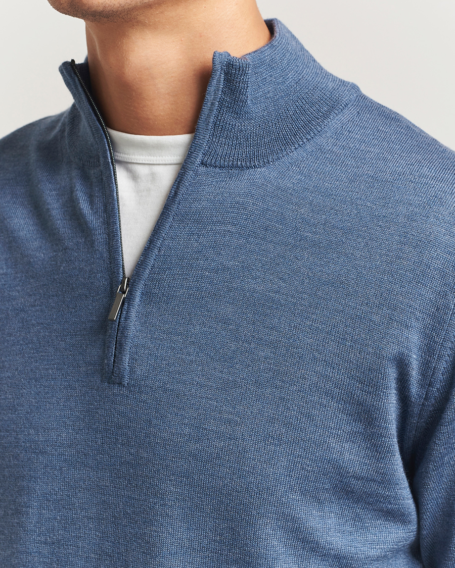 Herren | Pullover | Morgano | Extra Fine Merino Wool Half-Zip Denim Blue
