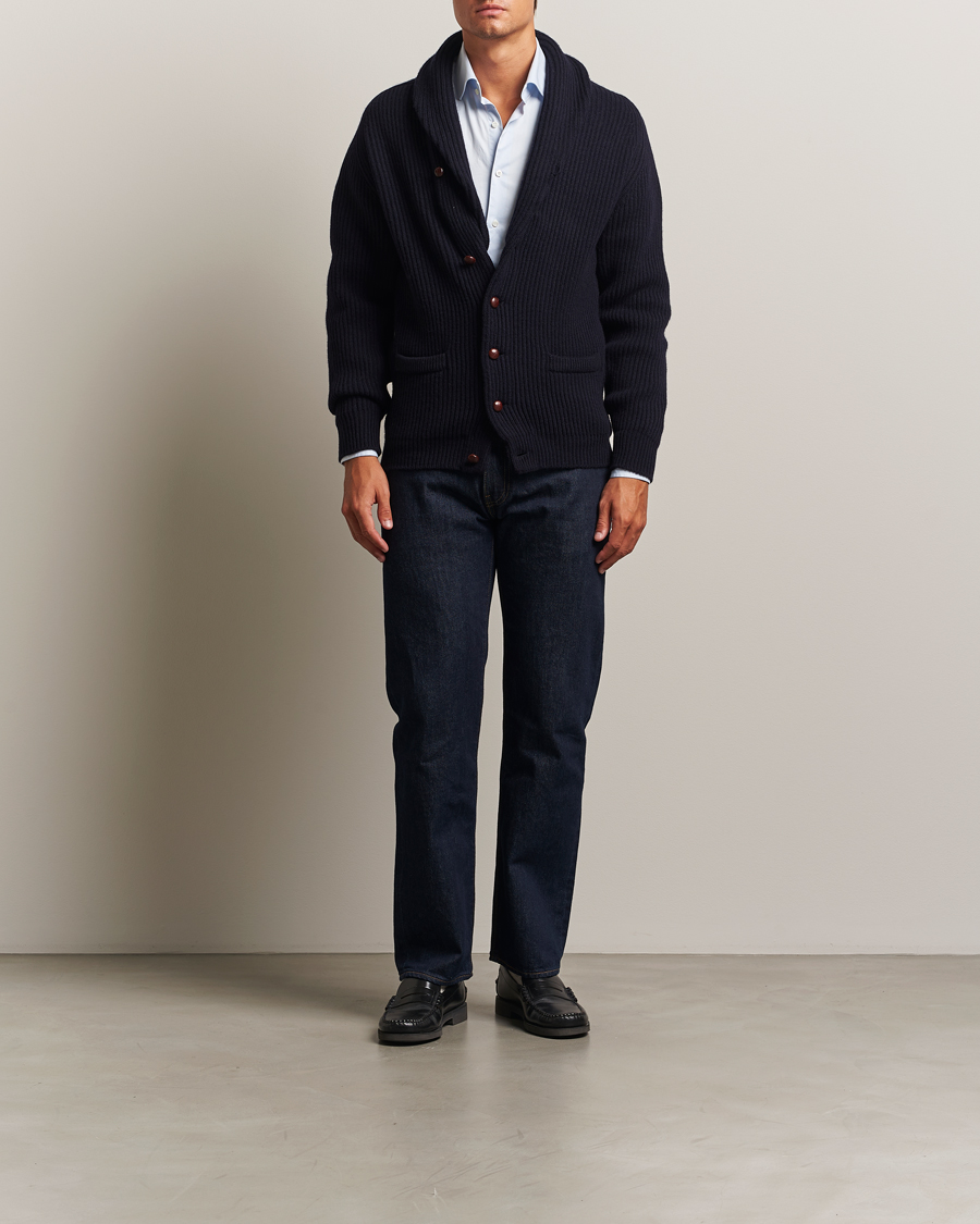 Herren | Pullover | William Lockie | Windsor Geelong Lambswool Shawl Cardigan Navy