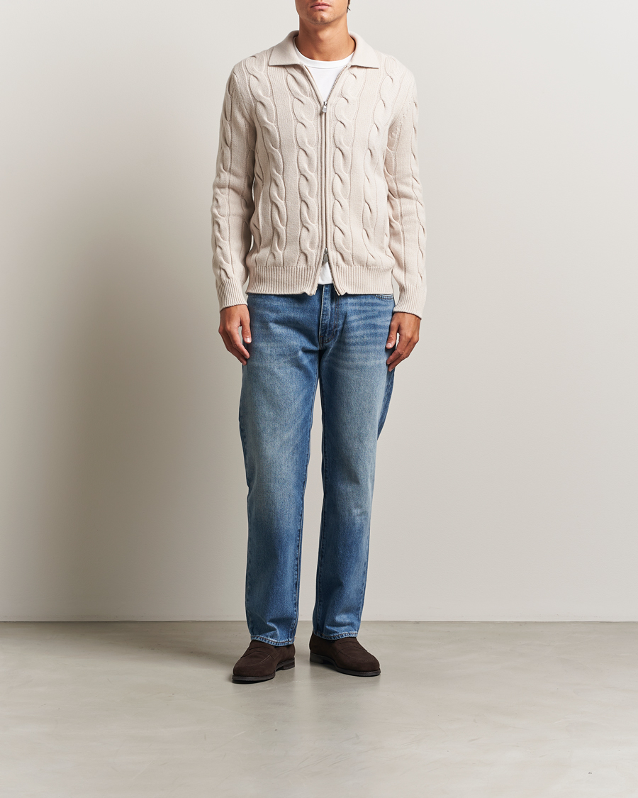 Herren | Pullover | Gran Sasso | Wool/Cashmere Cable Full Zip Light Beige Melange