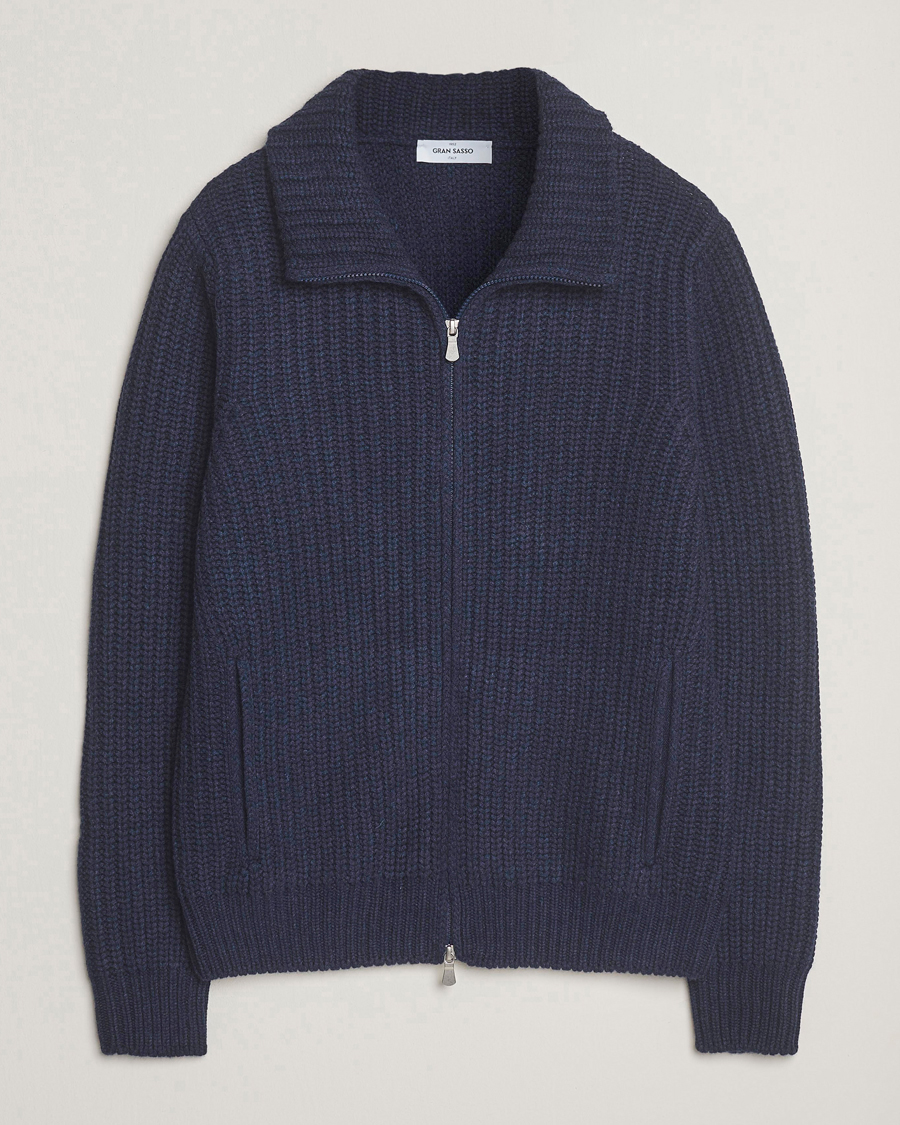 Herren | Pullover | Gran Sasso | Heavy Knitted Wool Full Zip Navy Melange