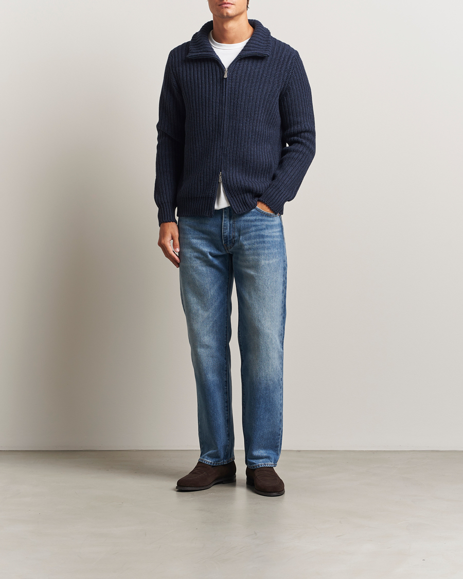Herren | Pullover | Gran Sasso | Heavy Knitted Wool Full Zip Navy Melange
